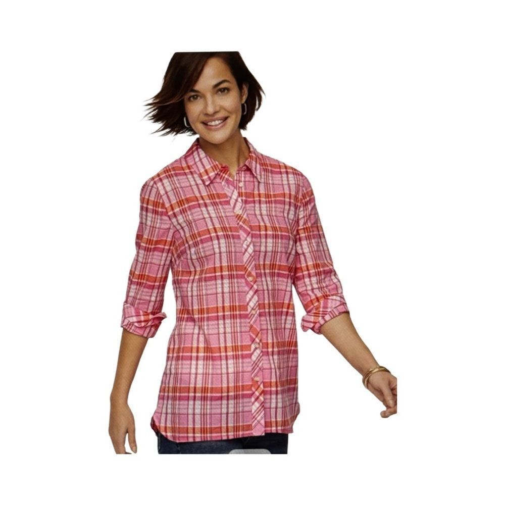 TALBOTS BUTTON-UP PLAID SHIRT.